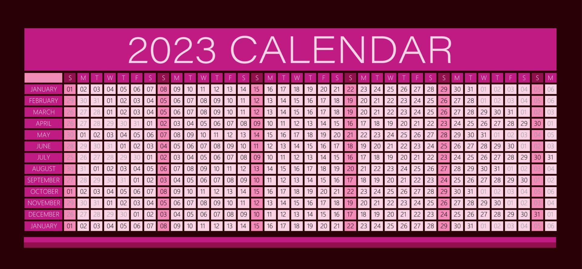 Calendrier mural de l'année 2023 couleur magenta - entièrement modifiable - vecteur