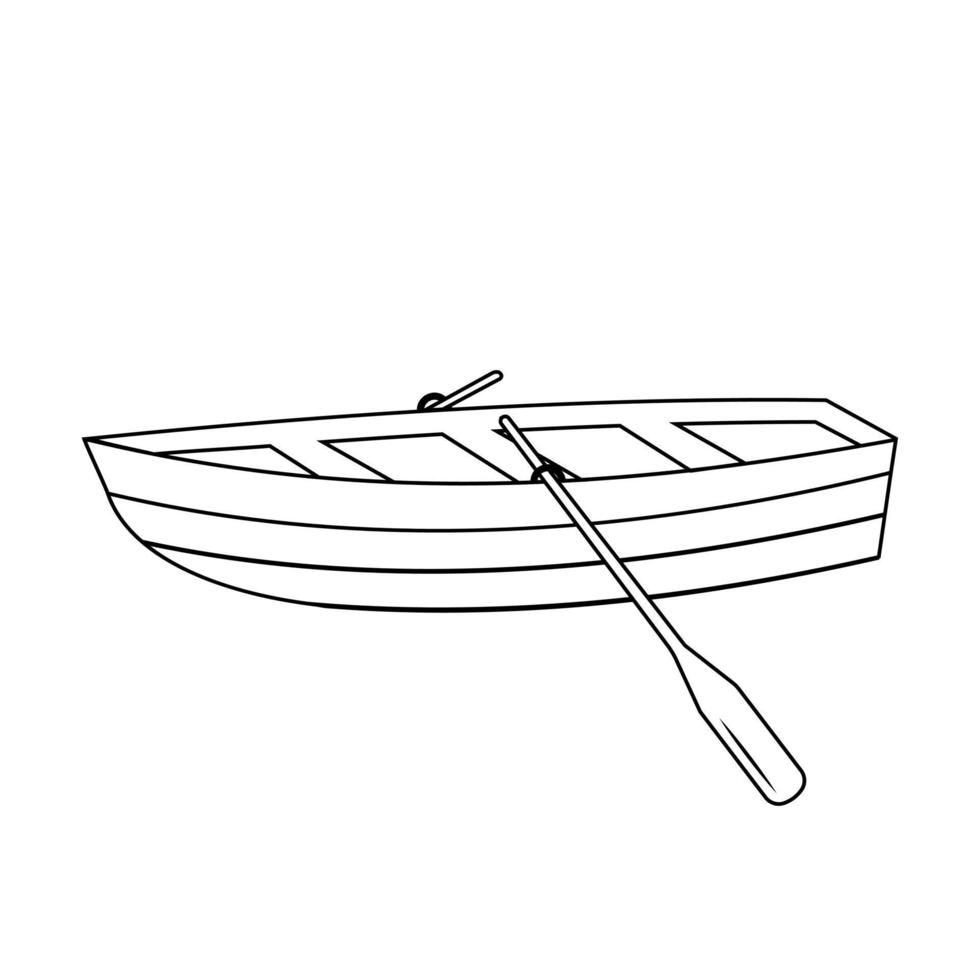 bateau en bois avec rames, contour noir, illustration vectorielle sur fond blanc. vecteur