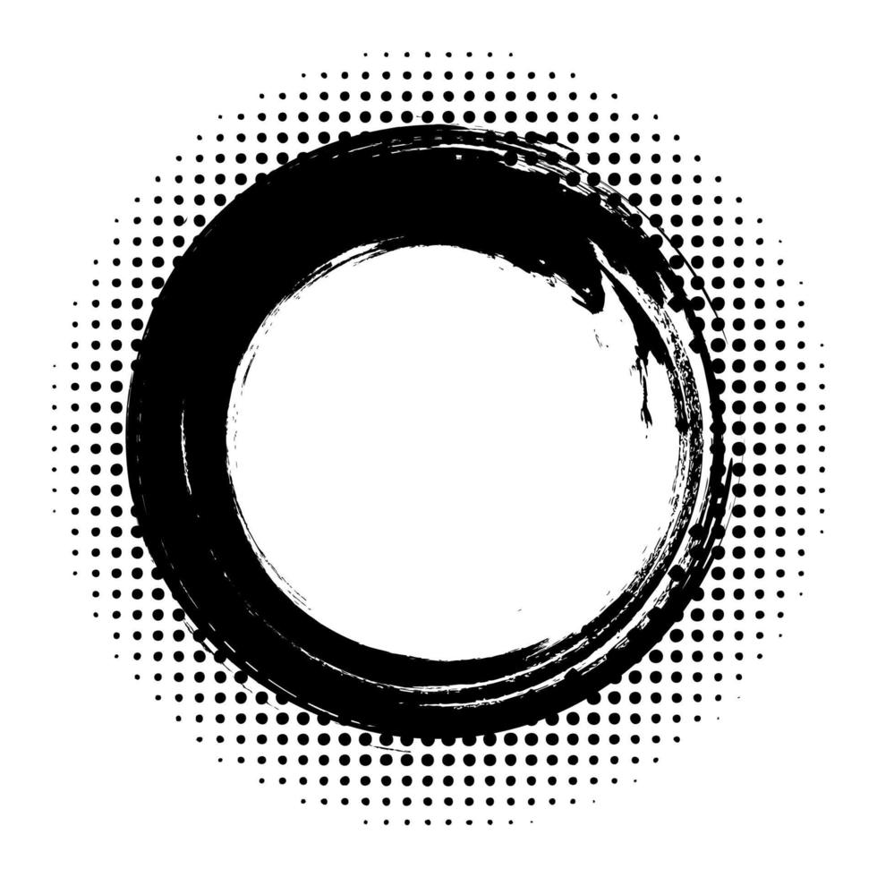 demi-teinte noir grunge cercle abstrait cadre pointillé ensemble distribué circulairement. élément de conception d'emblème de logo de points abstraits. icône de bordure ronde utilisant une texture de point de cercle de demi-teinte aléatoire. vecteur