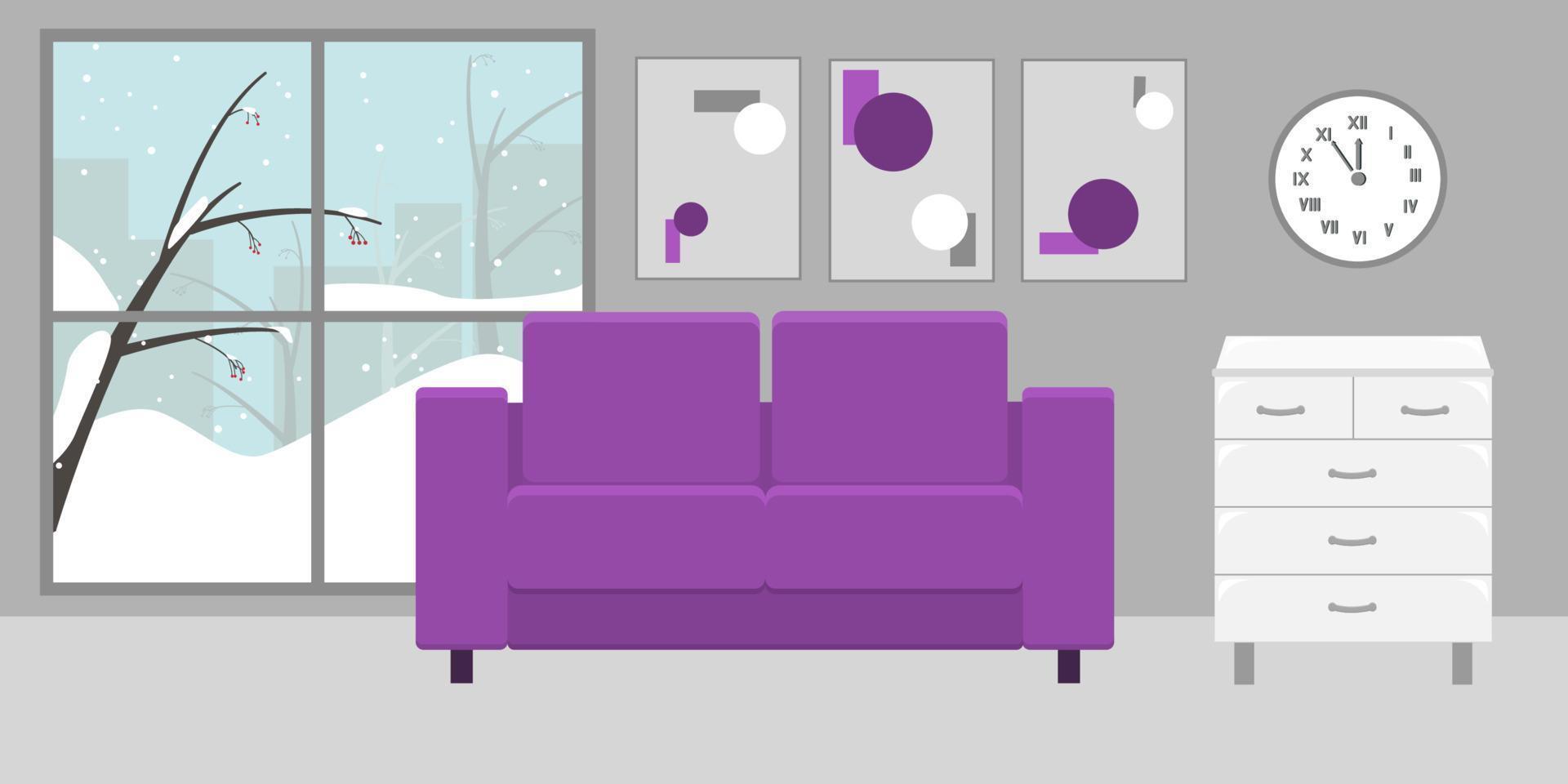 intérieur de chambre élégant dans des tons gris et violets avec une grande fenêtre. vecteur