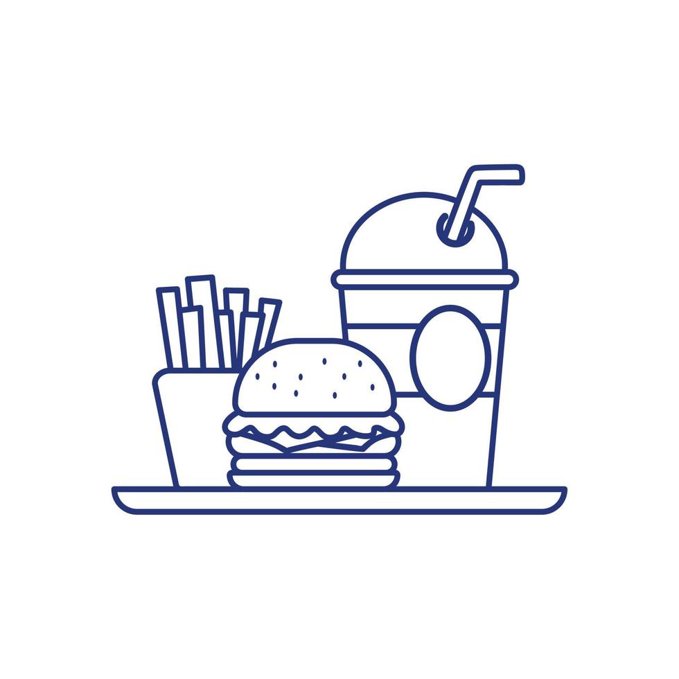 éléments de malbouffe, hamburgers, frites et boissons non alcoolisées. illustration de concept d'icône de restauration rapide. vecteur