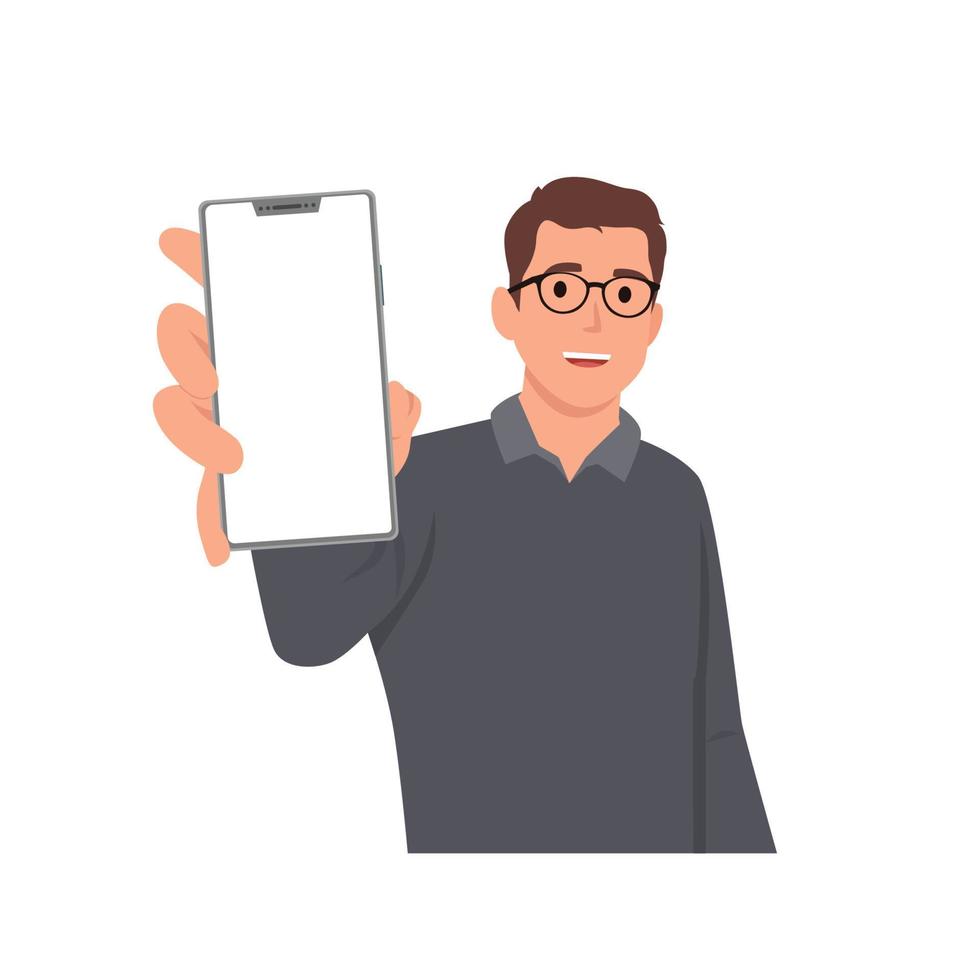 personnage de dessin animé de jeune homme souriant montrant un mobile vierge, un téléphone portable. illustration de vecteur plat isolé sur fond blanc