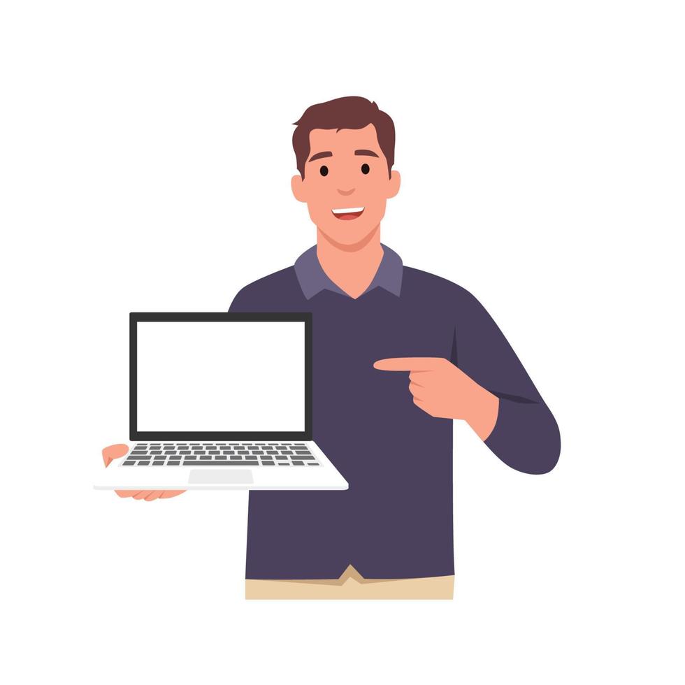 personnage de dessin animé de jeune homme souriant tenant ou montrant l'écran vide d'un ordinateur portable et pointant le doigt de la main. . illustration de vecteur plat isolé sur fond blanc