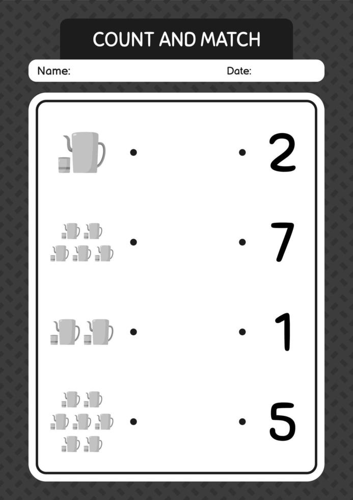 comptez et faites correspondre le jeu avec une théière arabe. feuille de travail pour les enfants d'âge préscolaire, feuille d'activité pour enfants vecteur