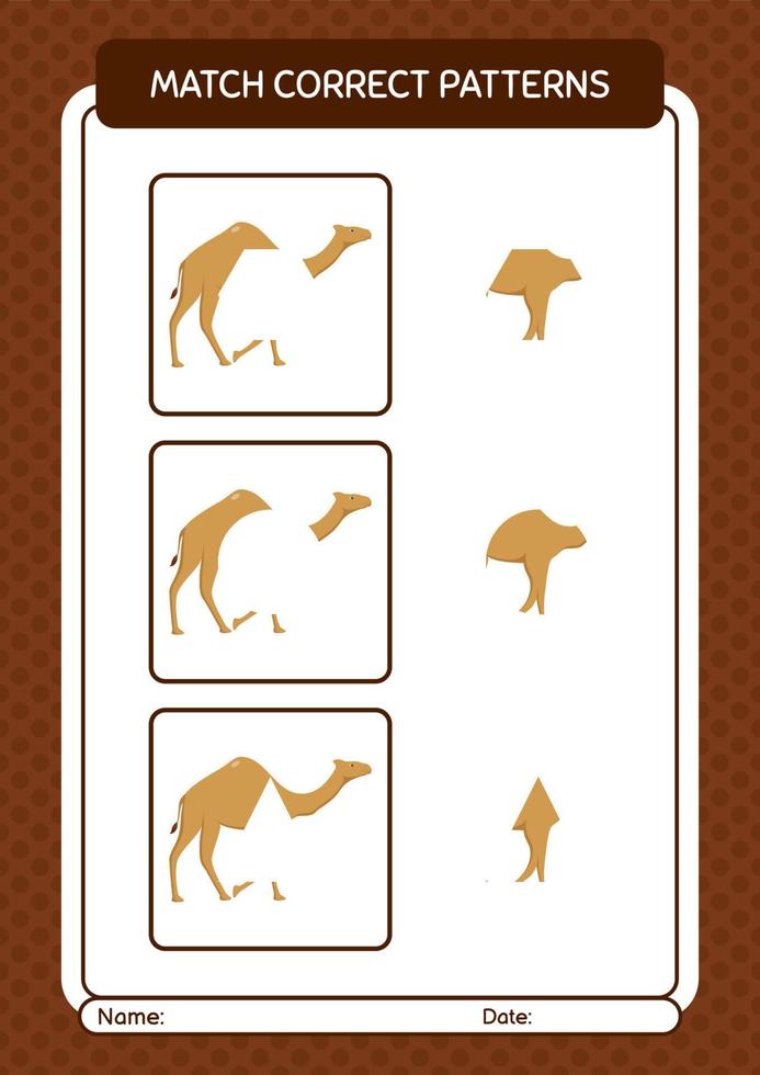 match pattern jeu avec chameau. feuille de travail pour les enfants d'âge préscolaire, feuille d'activité pour enfants vecteur