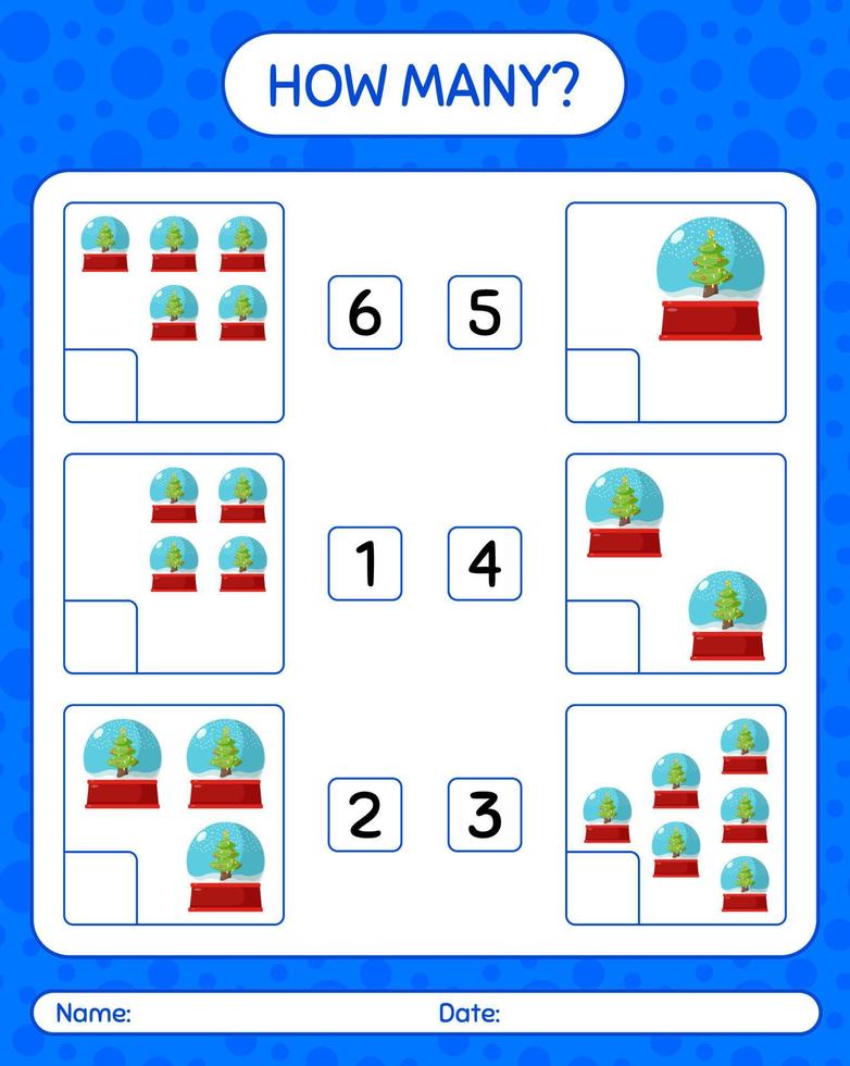 combien de jeu de comptage avec boule de neige en verre. feuille de travail pour les enfants d'âge préscolaire, feuille d'activité pour enfants vecteur