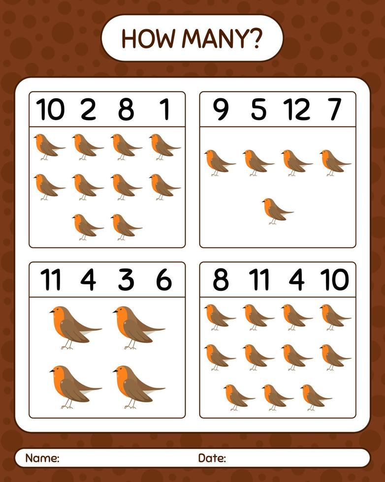 combien de jeu de comptage avec robin bird. feuille de travail pour les enfants d'âge préscolaire, feuille d'activité pour enfants vecteur