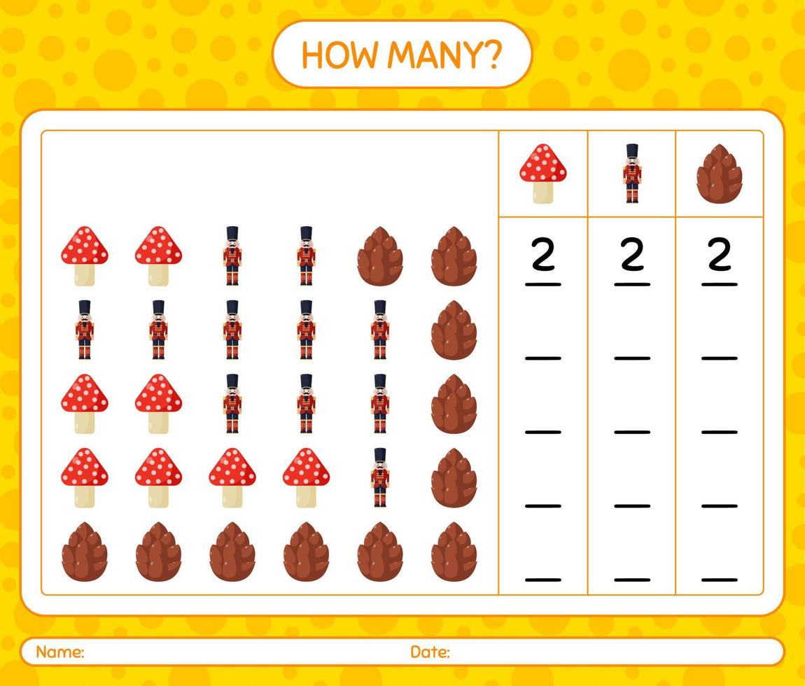 combien de jeu de comptage avec l'icône de noël. feuille de travail pour les enfants d'âge préscolaire, feuille d'activité pour enfants vecteur