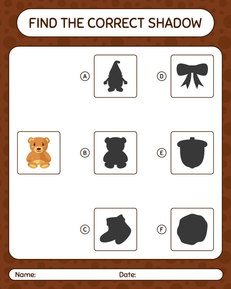 trouver le bon jeu d'ombres avec ours en peluche. feuille de travail pour les enfants d'âge préscolaire, feuille d'activité pour enfants vecteur