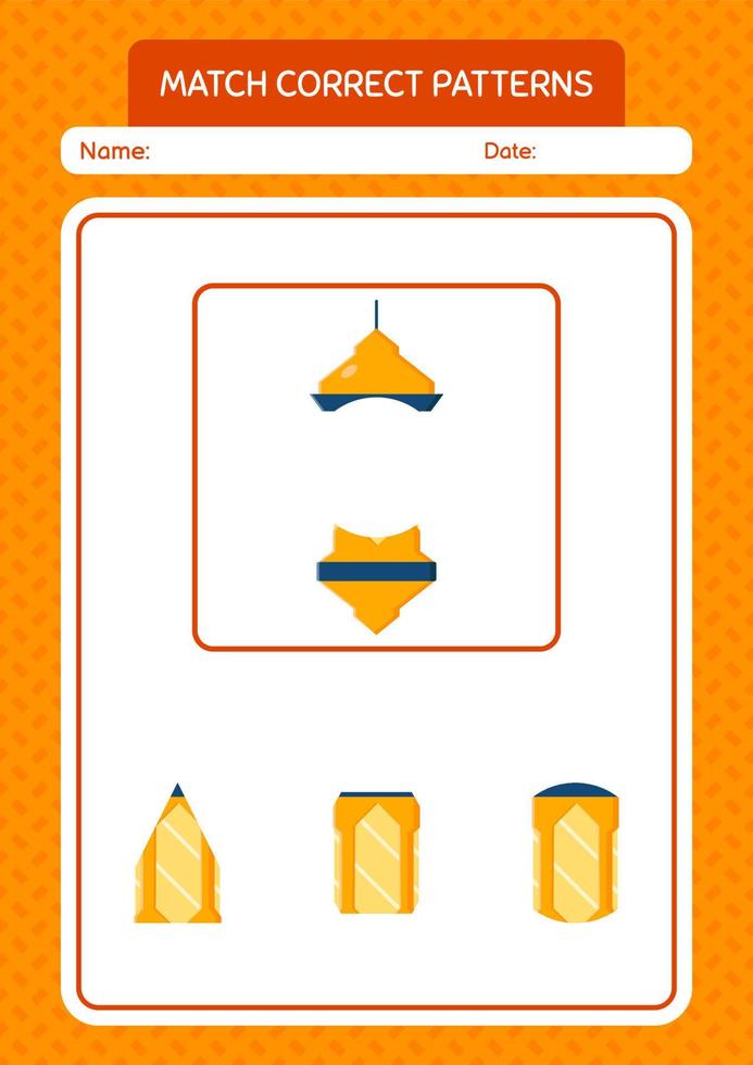 match pattern game avec lanterne arabe. feuille de travail pour les enfants d'âge préscolaire, feuille d'activité pour enfants vecteur