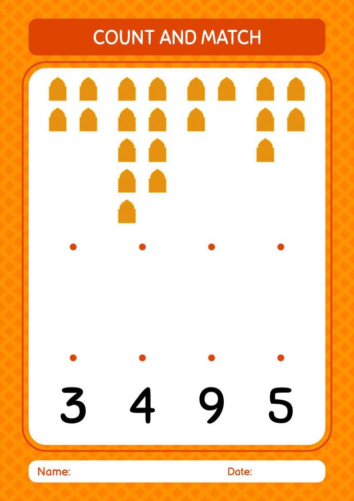 comptez et faites correspondre le jeu avec la mosquée. feuille de travail pour les enfants d'âge préscolaire, feuille d'activité pour enfants vecteur