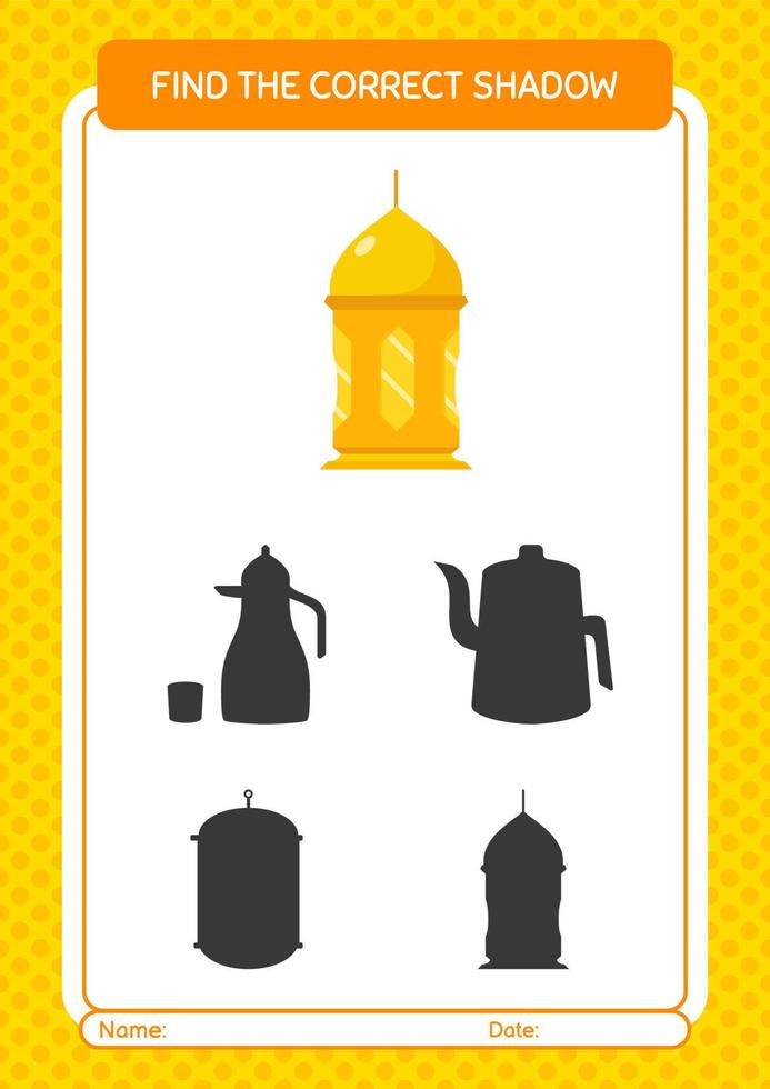 trouvez le bon jeu d'ombres avec une lanterne arabe. feuille de travail pour les enfants d'âge préscolaire, feuille d'activité pour enfants vecteur