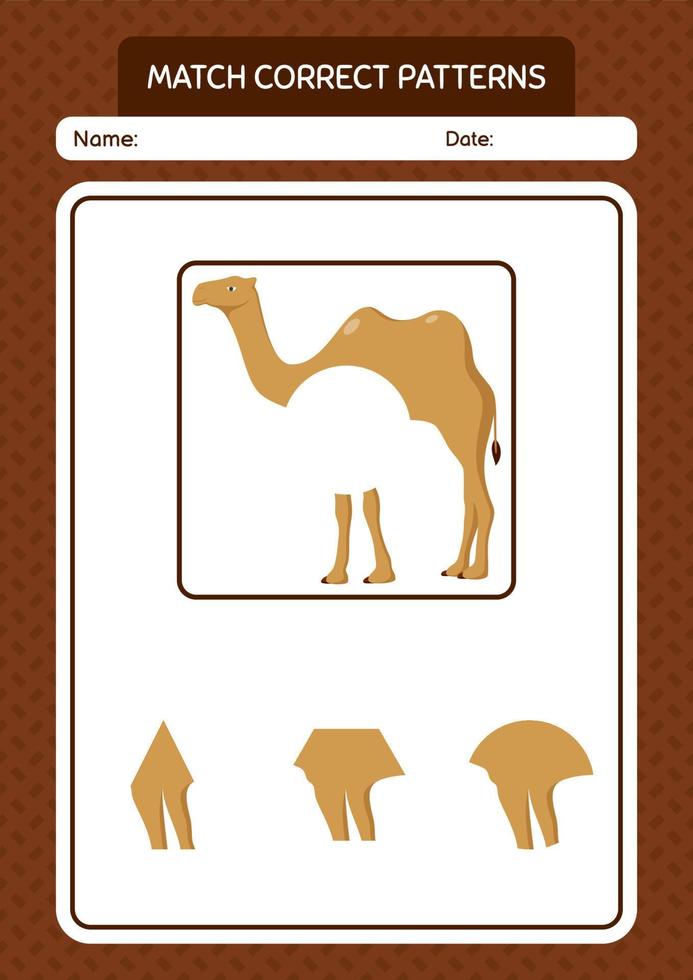 match pattern jeu avec chameau. feuille de travail pour les enfants d'âge préscolaire, feuille d'activité pour enfants vecteur
