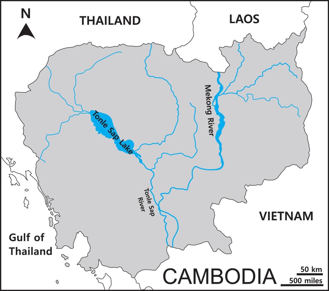 la carte du cambodge comprend quatre régions du nord-ouest de la cardamome et des montagnes d'éléphants, des basses terres du mékong et de l'est. bassin du mékong et lac tonle sap. vecteur