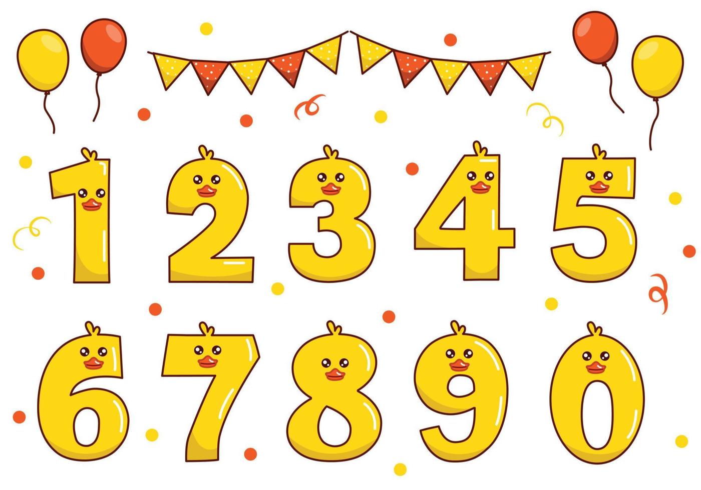 jolie collection de canards jaunes avec numérotation pour la fête d'anniversaire, l'éducation des enfants, l'ornement. police drôle vecteur