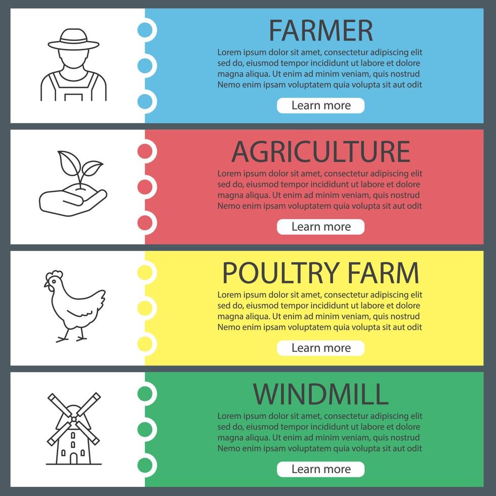 ensemble de modèles de bannière web agricole. fermier, poulet, pousse à la main, moulin à vent. éléments de menu couleur du site Web avec des icônes linéaires. concepts de conception d'en-têtes vectoriels vecteur