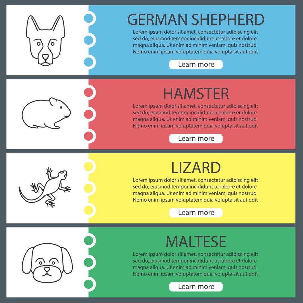 ensemble de modèles de bannière web pour animaux de compagnie. berger allemand, hamster, lézard, maltais. éléments de menu couleur du site Web avec des icônes linéaires. concepts de conception d'en-têtes vectoriels vecteur