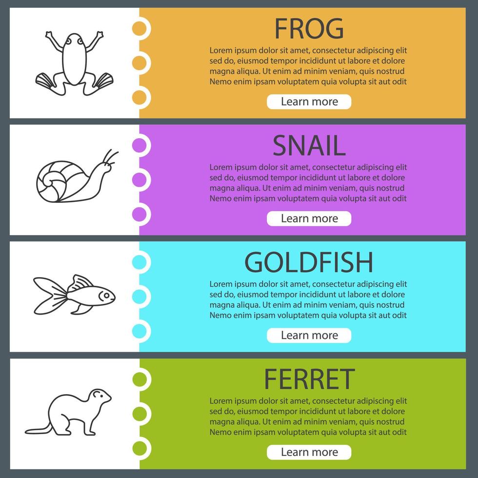 ensemble de modèles de bannière web pour animaux de compagnie. grenouille, escargot, poisson rouge, furet. éléments de menu couleur du site Web avec des icônes linéaires. concepts de conception d'en-têtes vectoriels vecteur