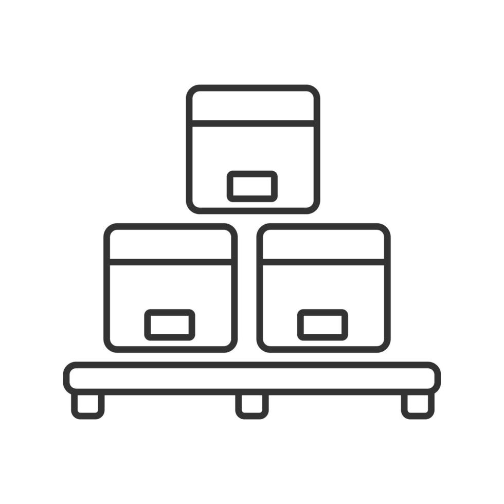 boîtes en carton sur l'icône linéaire de la palette. entrepôt. illustration de la ligne mince. stockage de colis. symbole de contour. dessin de contour isolé de vecteur