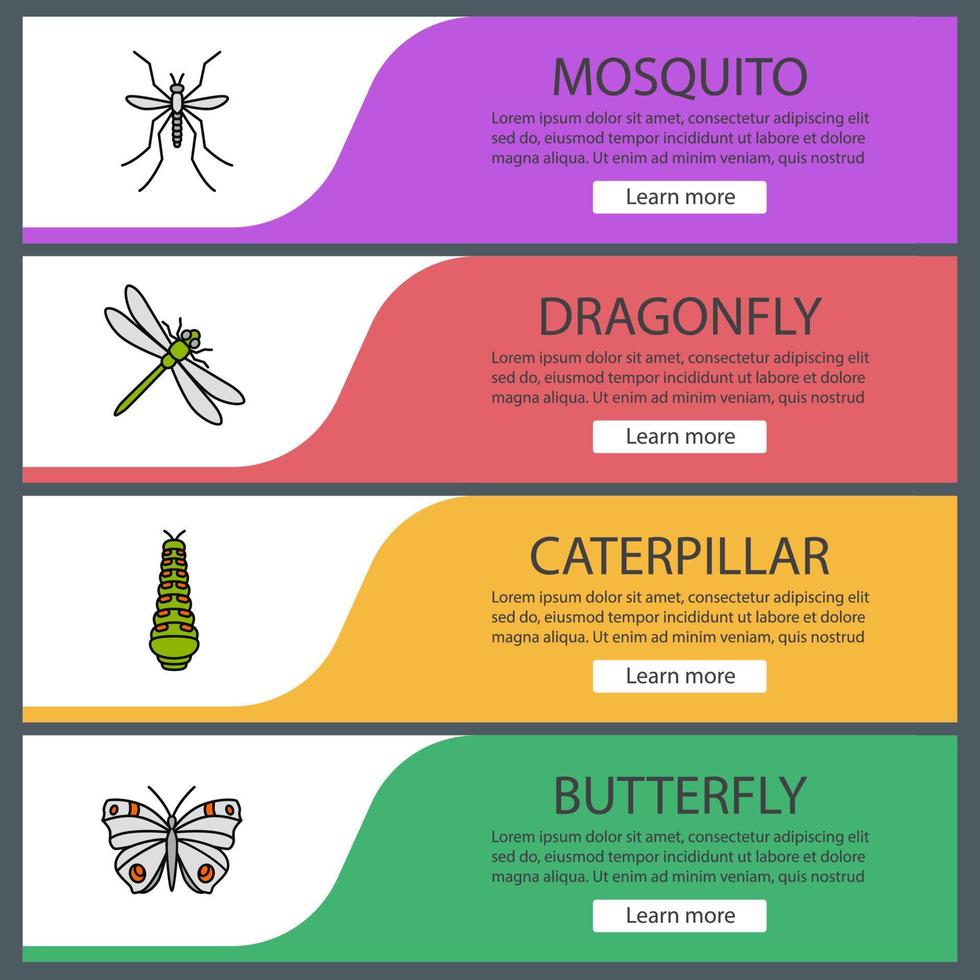 ensemble de modèles de bannières web d'insectes. libellule, moustique, chenille, papillon. éléments de menu de couleur du site Web. concepts de conception d'en-têtes vectoriels vecteur