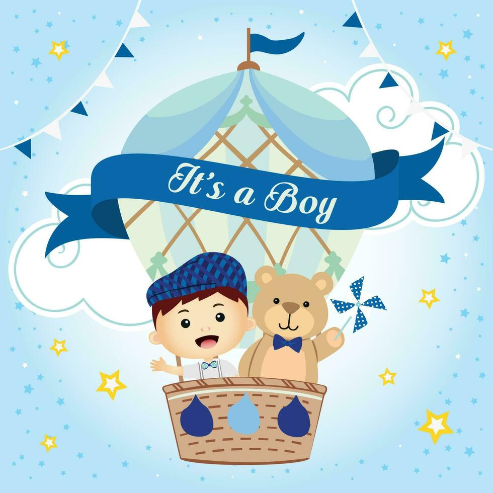 c'est un garçon, un garçon et un ours avec une montgolfière vecteur