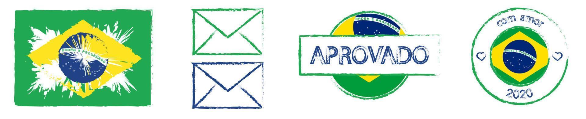 timbres postaux en couleurs et avec les symboles du drapeau brésilien. livraison de cartes de vœux et de lettres. vecteur isolé sur fond blanc