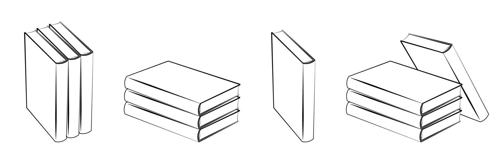 ensemble d'icônes, livres dessinés à la main dans diverses positions. l'éducation à l'école et à la bibliothèque, l'acquisition de connaissances par la littérature. vecteur isolé sur fond blanc