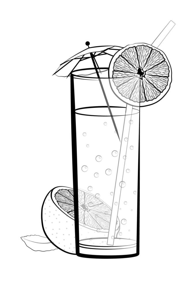 grand verre avec de la limonade orange pétillante et un parapluie décoratif. cocktails, boissons alcoolisées, illustrations pour le café, menu du restaurant. vecteur isolé sur fond blanc