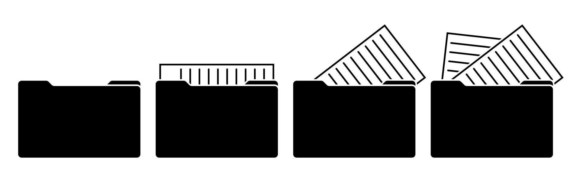 ensemble d'icônes de dossier noir pour les documents vides et remplis. sortez une feuille de papier du dossier et stockez les informations. vecteur isolé sur fond blanc