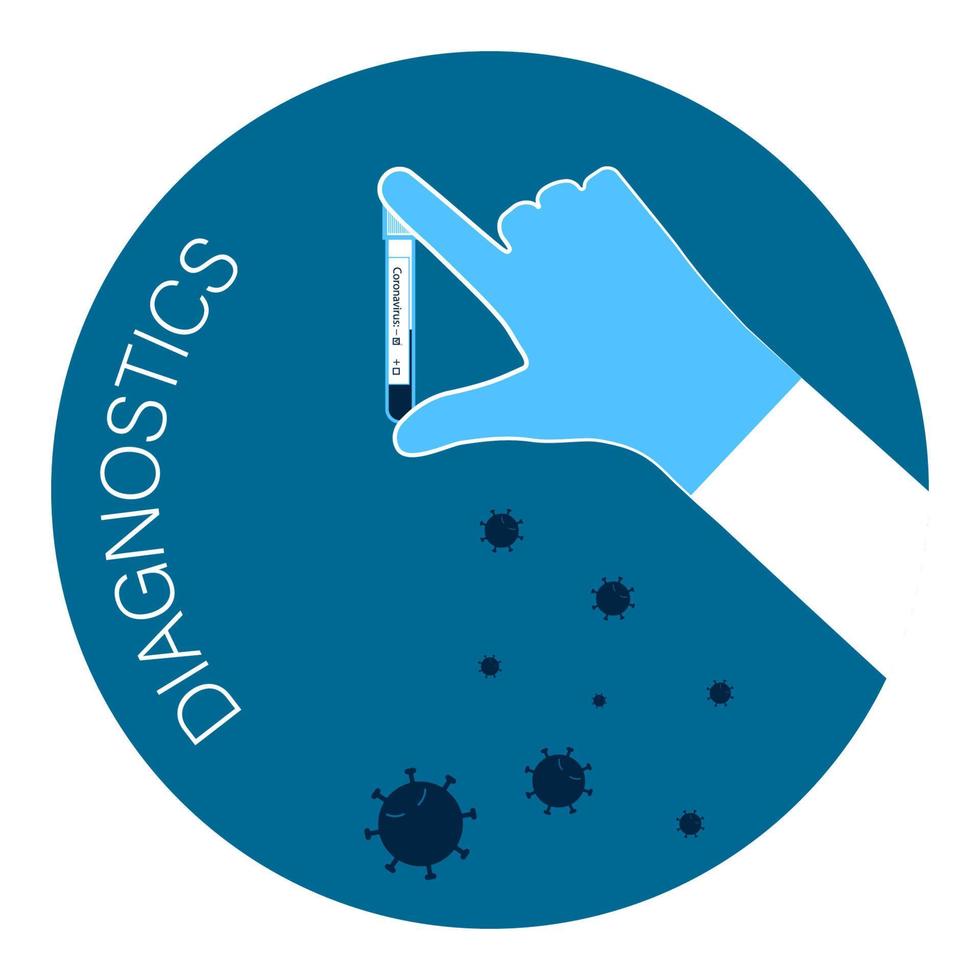 icône de couleur en bleu, la main des médecins dans un gant contient des tubes à essai avec des tests de coronavirus. résultat négatif. vecteur isolé sur fond blanc