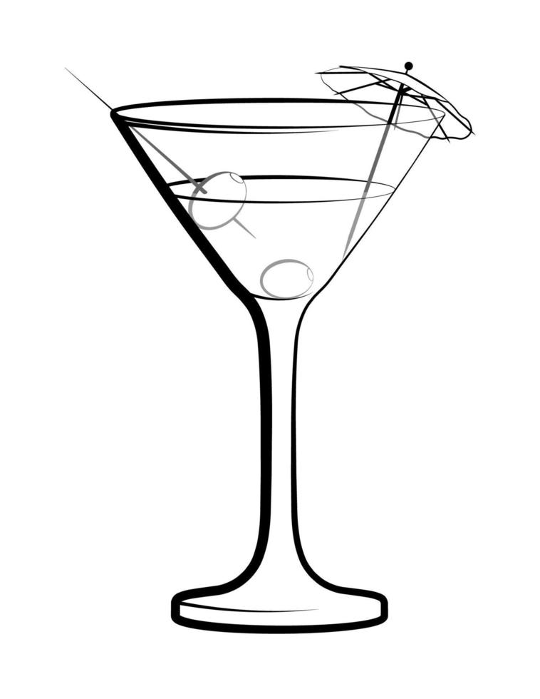verre de martini aux olives et un parapluie décoratif. cocktails, boissons alcoolisées, illustrations pour le café, menu du restaurant. vecteur isolé sur fond blanc