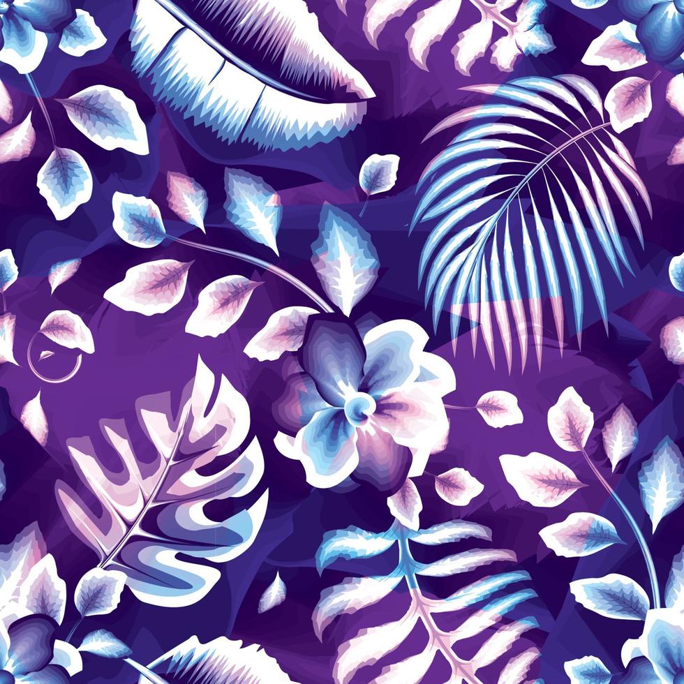 motif harmonieux tropical abstrait violet avec feuilles de bananier, plantes de monstère et feuillage sur fond de texture colorée. modèle de conception naturel. papier peint tropical. fond fleuri. conception d'été vecteur