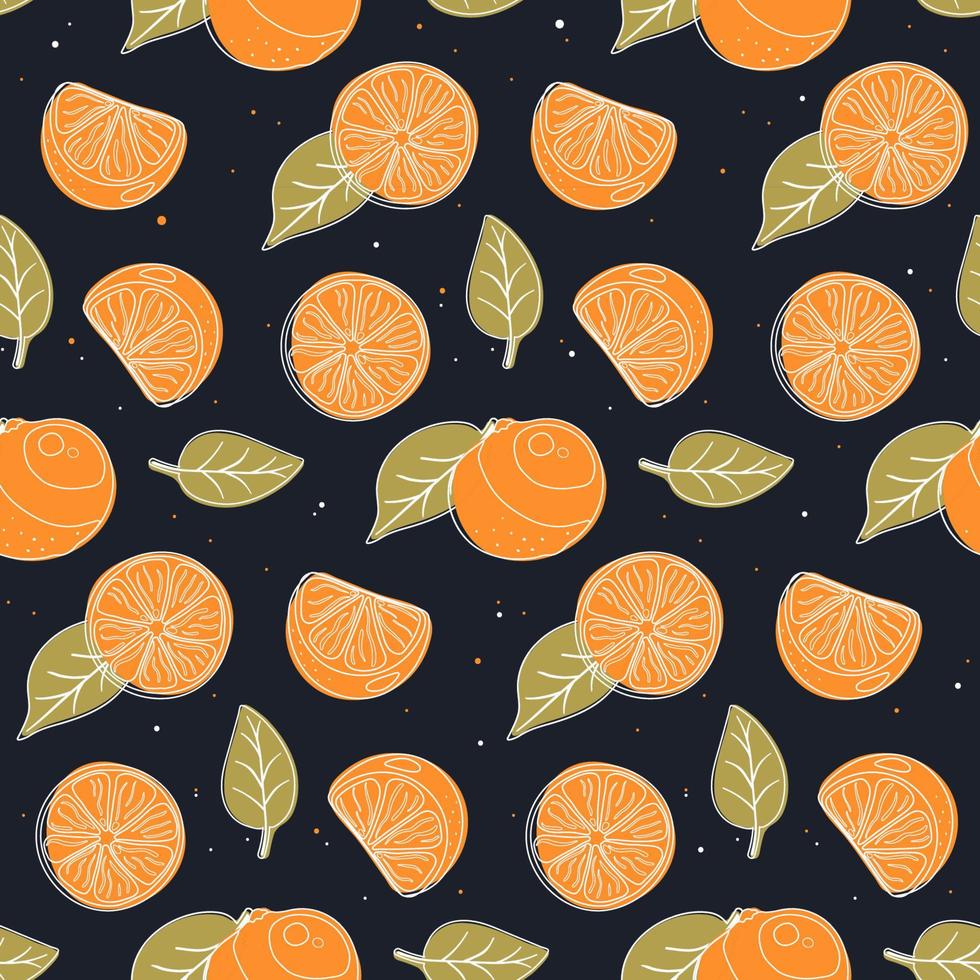 modèle sans couture avec des oranges, des tranches et des feuilles. vecteur