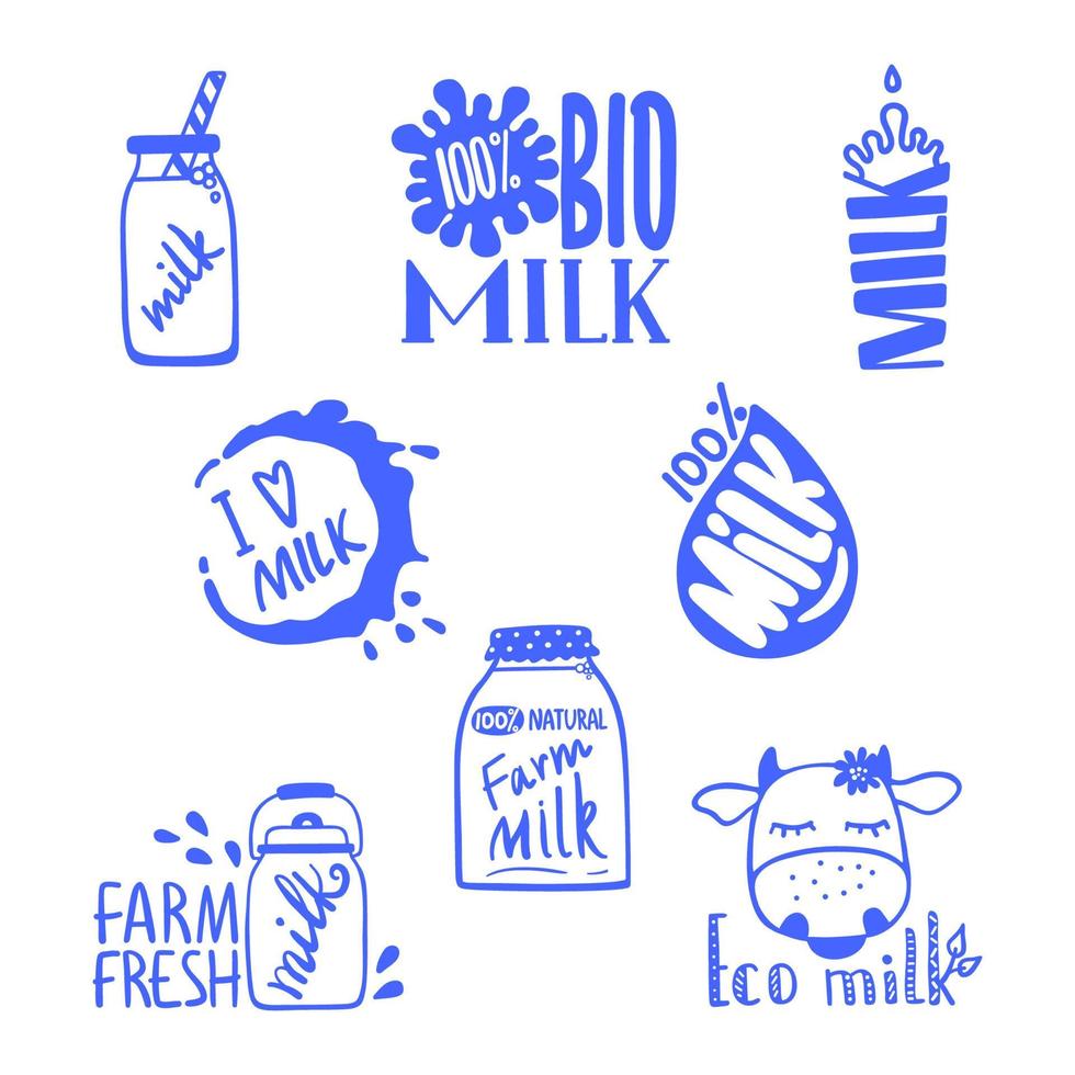 étiquettes de lait dessinées à la main pour votre conception. logo bleu sur fond blanc avec des phrases de calligraphie. vecteur