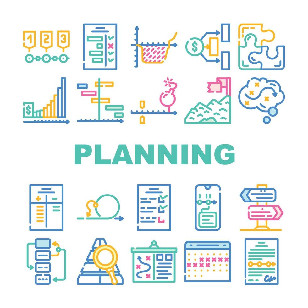planification des icônes de stratégie de projet de démarrage définies vecteur