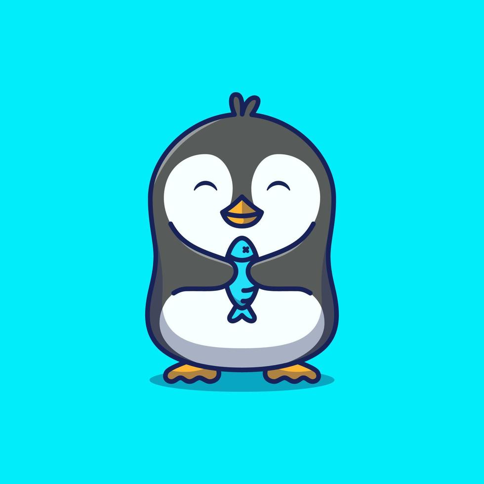 pingouin mignon tenant illustration d'icône de dessin animé de poisson vecteur