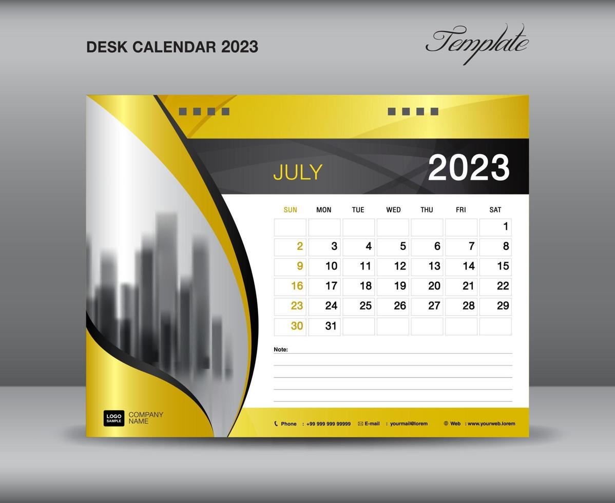 modèle de calendrier 2023, modèle de juillet 2023, calendrier de bureau 2023 année sur fond d'or concept luxueux, conception de calendrier mural, planificateur, publicité, supports d'impression, image vectorielle vecteur