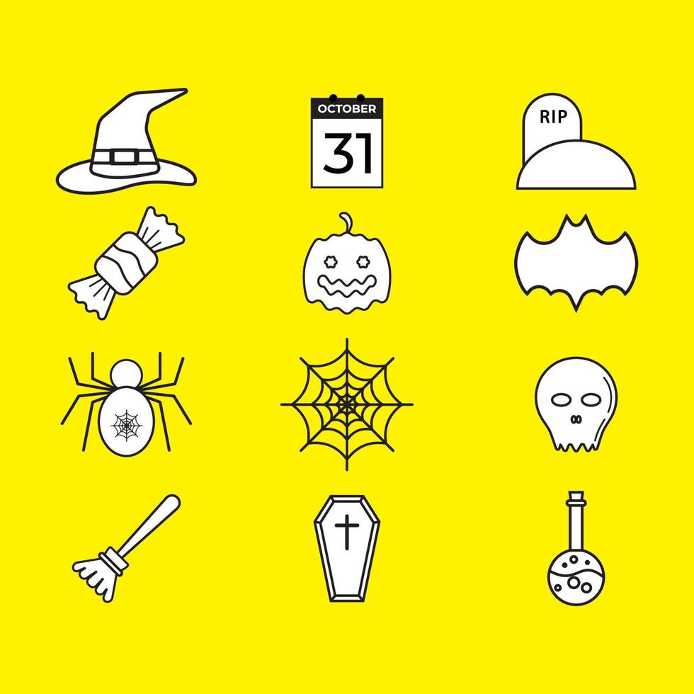 pack d'icônes halloween isolé sur fond de couleur jaune. collection de vecteurs non colorés. conception d'illustrations en noir et blanc. vecteur