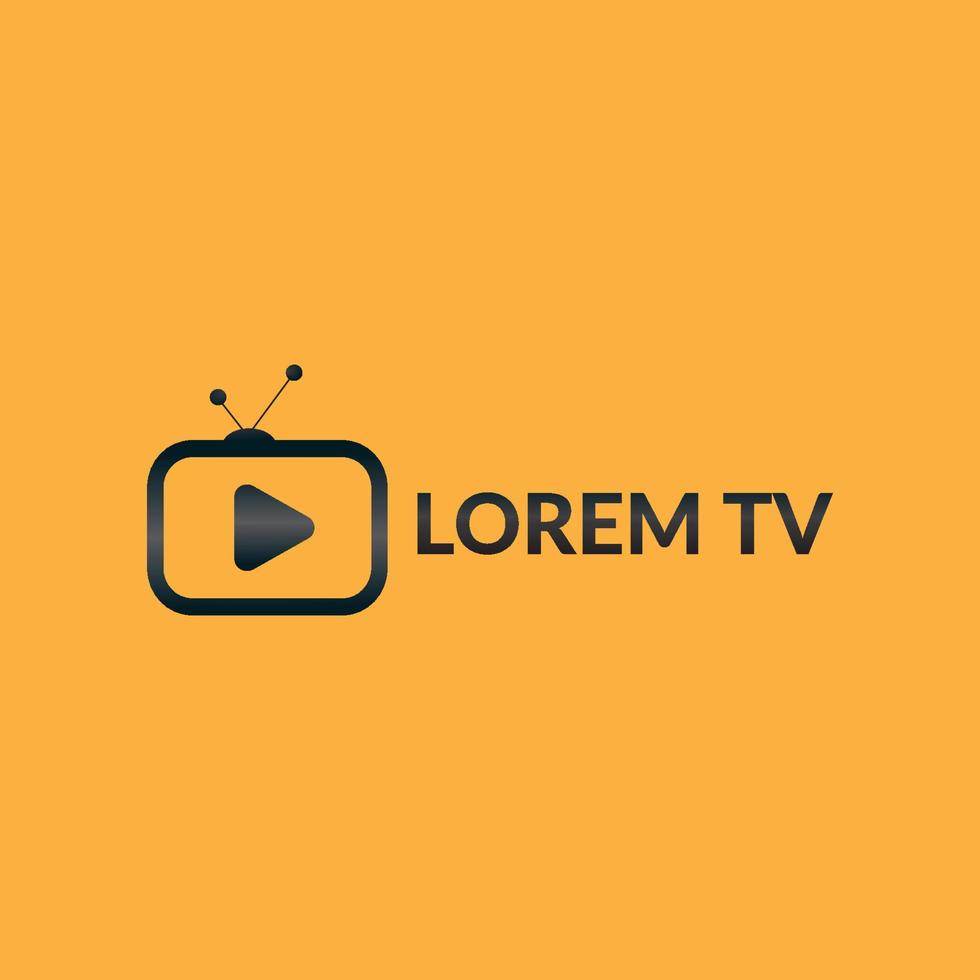 modèle de conception de logo de chaîne de télévision en ligne, icône de télévision, bouton de lecture noir, diffusion en direct, société de divertissement, antenne, fond orange jaune vecteur