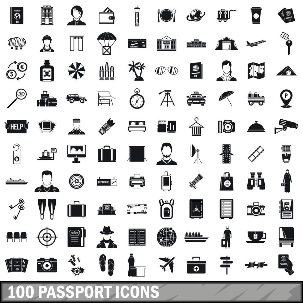 Ensemble de 100 icônes de passeport, style simple vecteur