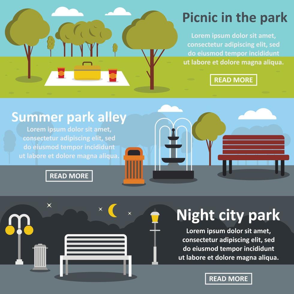 ensemble horizontal de bannière d'allée de parc, style plat vecteur