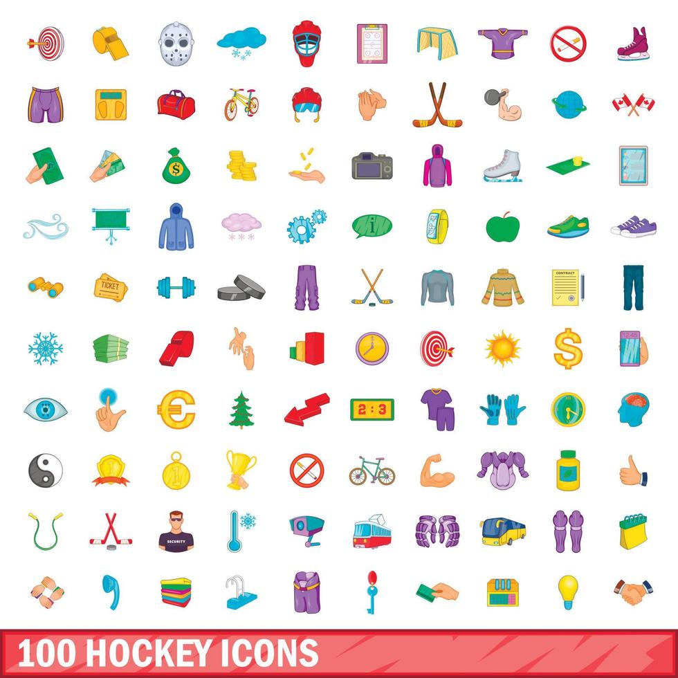 Jeu de 100 icônes de hockey, style dessin animé vecteur