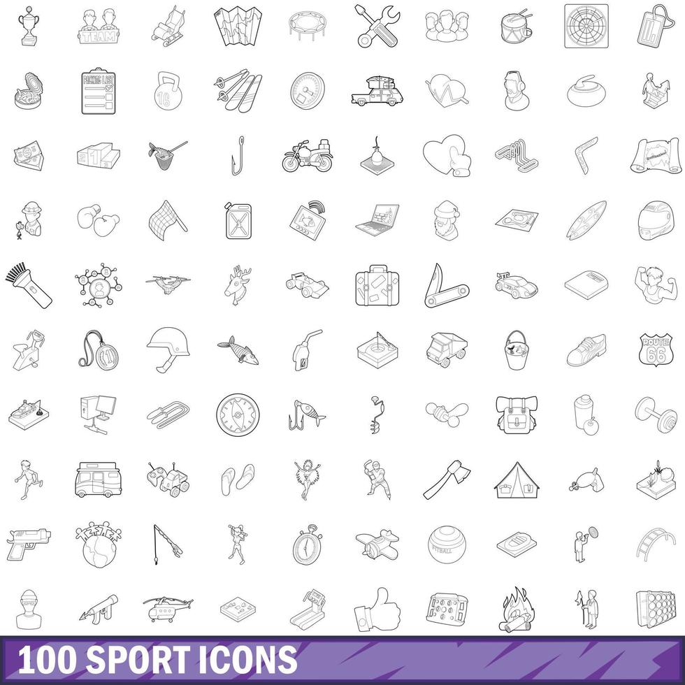 Ensemble de 100 icônes de sport, style de contour vecteur
