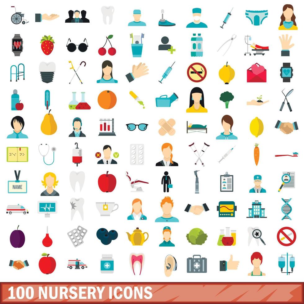 Ensemble de 100 icônes de pépinière, style plat vecteur