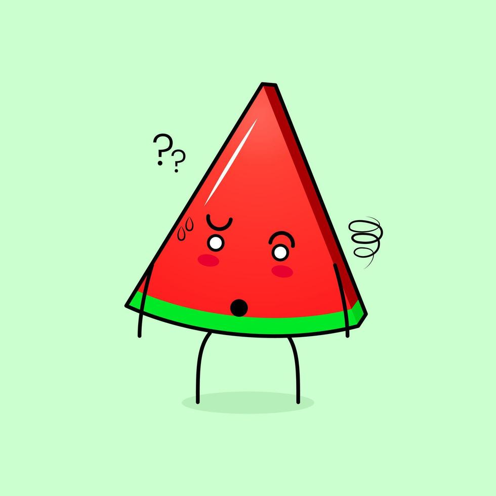 mignon personnage de tranche de pastèque avec une expression confuse. vert et rouge. adapté pour émoticône, logo, mascotte vecteur