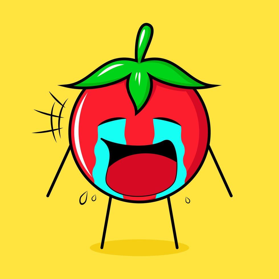 personnage mignon de tomate avec une expression de pleurs, des larmes et la bouche ouverte. vert, rouge et jaune. adapté pour émoticône, logo, mascotte vecteur