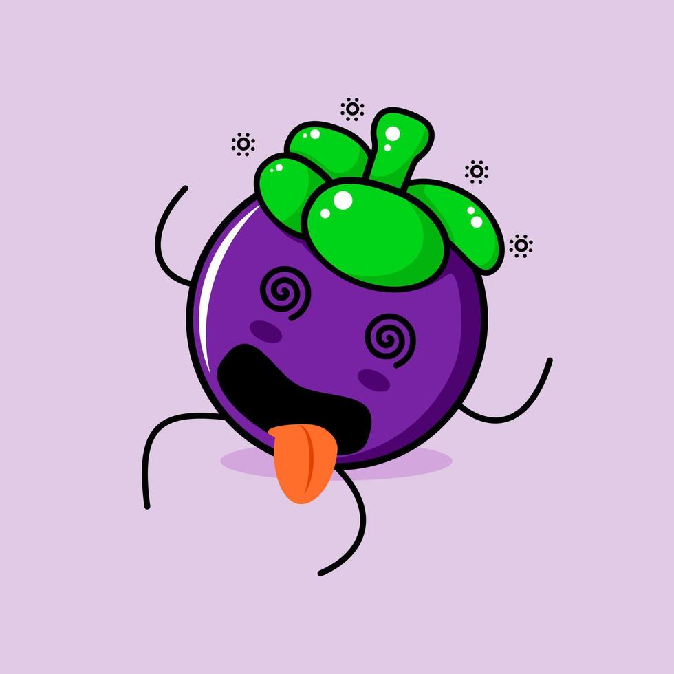 personnage de mangoustan mignon avec une expression étourdie, des yeux qui roulent, se couche et la langue sort. vert et violet. adapté à l'émoticône, au logo, à la mascotte et à l'icône vecteur