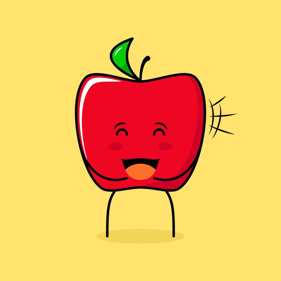 mignon personnage de pomme rouge avec sourire et expression heureuse, fermer les yeux et la bouche ouverte. vert et rouge. adapté à l'émoticône, au logo, à la mascotte et à l'icône vecteur
