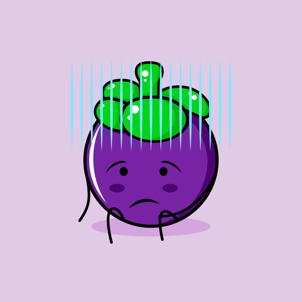 personnage de mangoustan mignon avec une expression désespérée et asseyez-vous. vert et violet. adapté à l'émoticône, au logo, à la mascotte et à l'icône vecteur