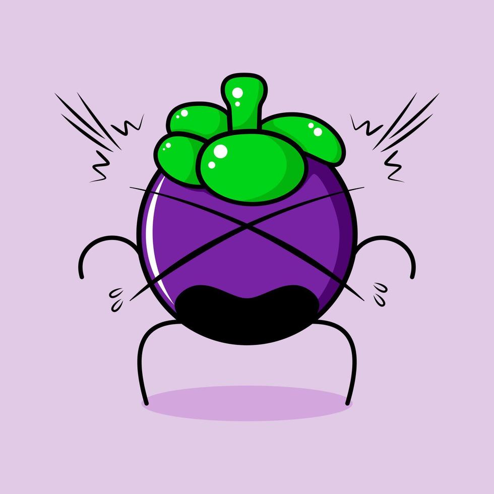 personnage de mangoustan mignon avec une expression choquée et la bouche ouverte. vert et violet. adapté à l'émoticône, au logo, à la mascotte et à l'icône vecteur